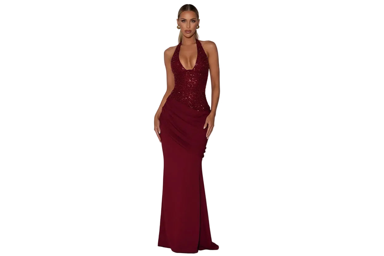 Veloura Crimson Halter Glam Gown