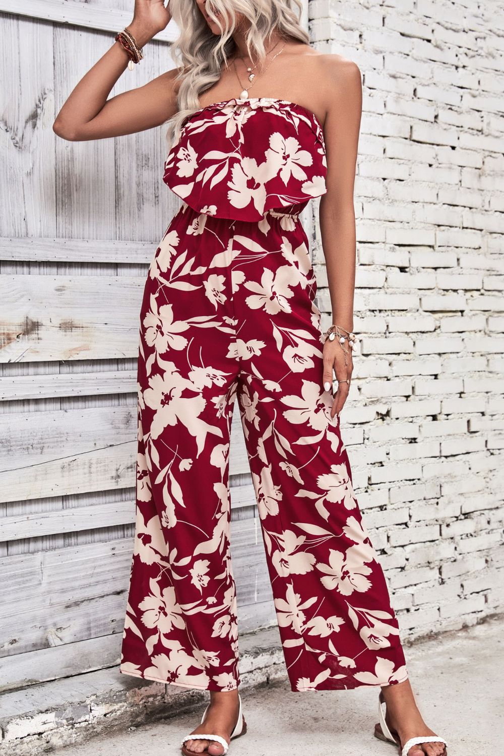 Floral Strapless Wide Leg Jumpsuit - blue yonderz