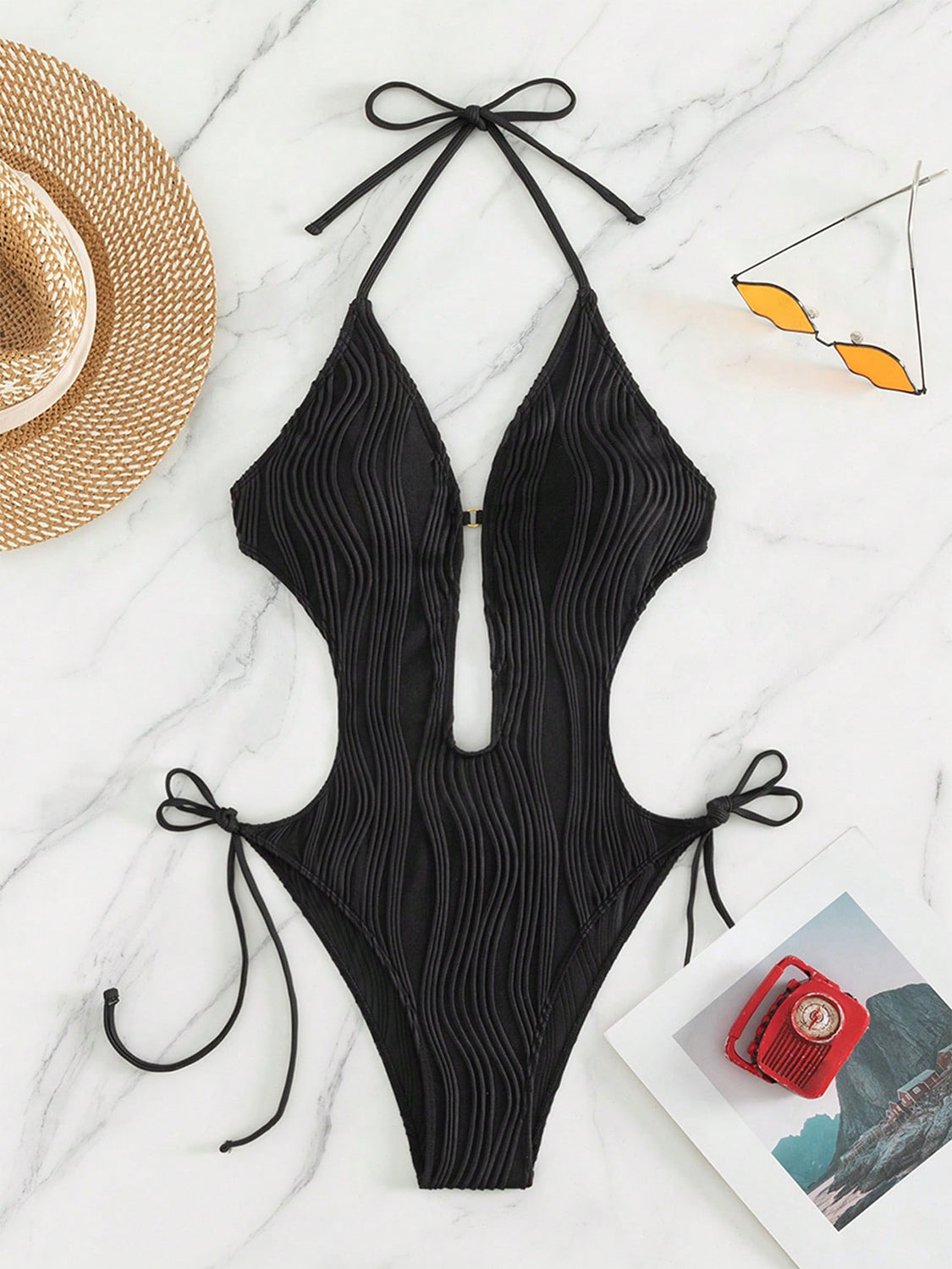 Textured Cutout Tied One-Piece Swimwear Trendsi