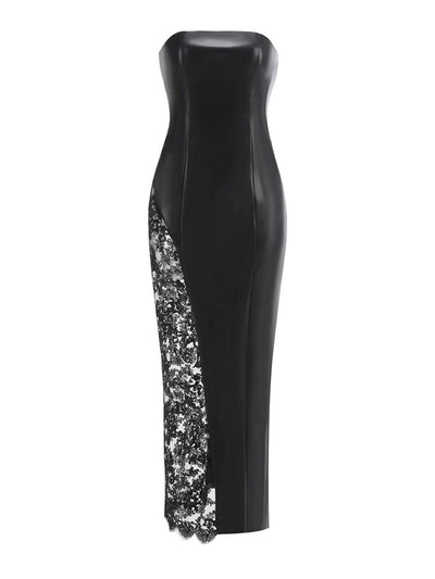 Black Faux Leather Lace Split Maxi Dress