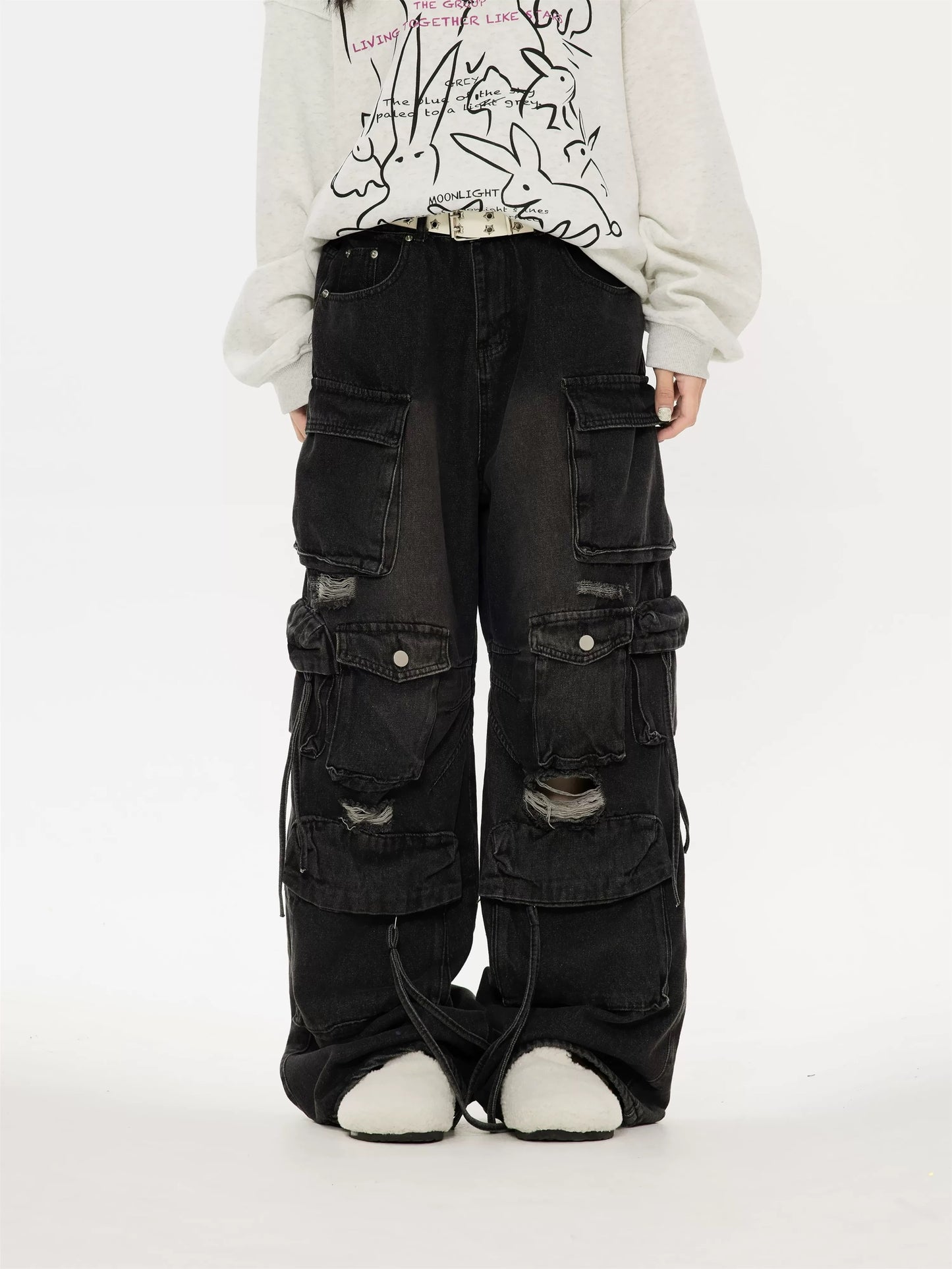 Unisex Multi-Pocket Ripped Cargo Pants