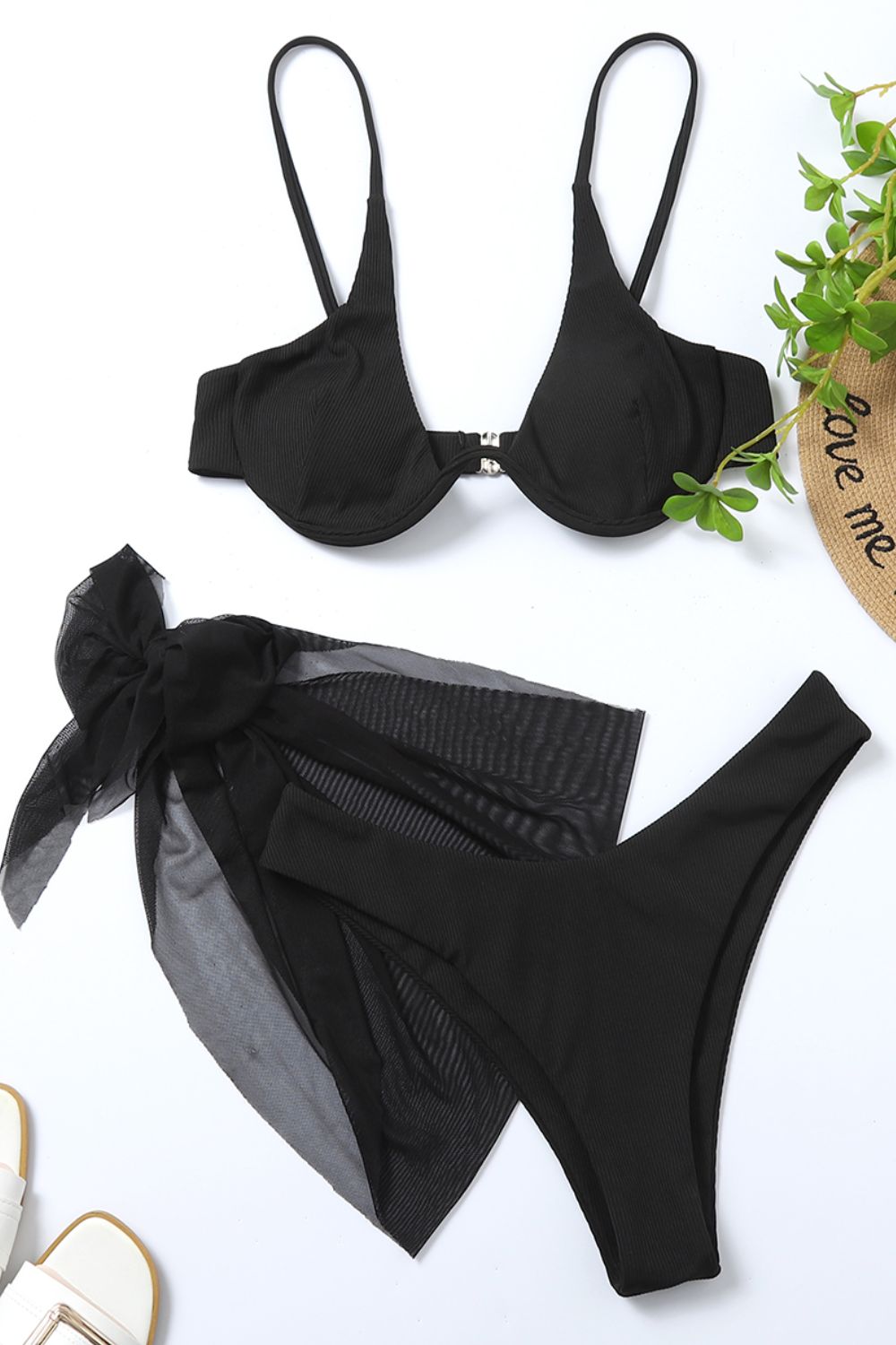 Ribbed High Cut Three-Piece Swim Set - blue yonderz