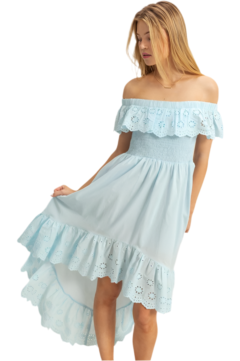 High-Low Eyelet Ruffled Off-Shoulder Dress