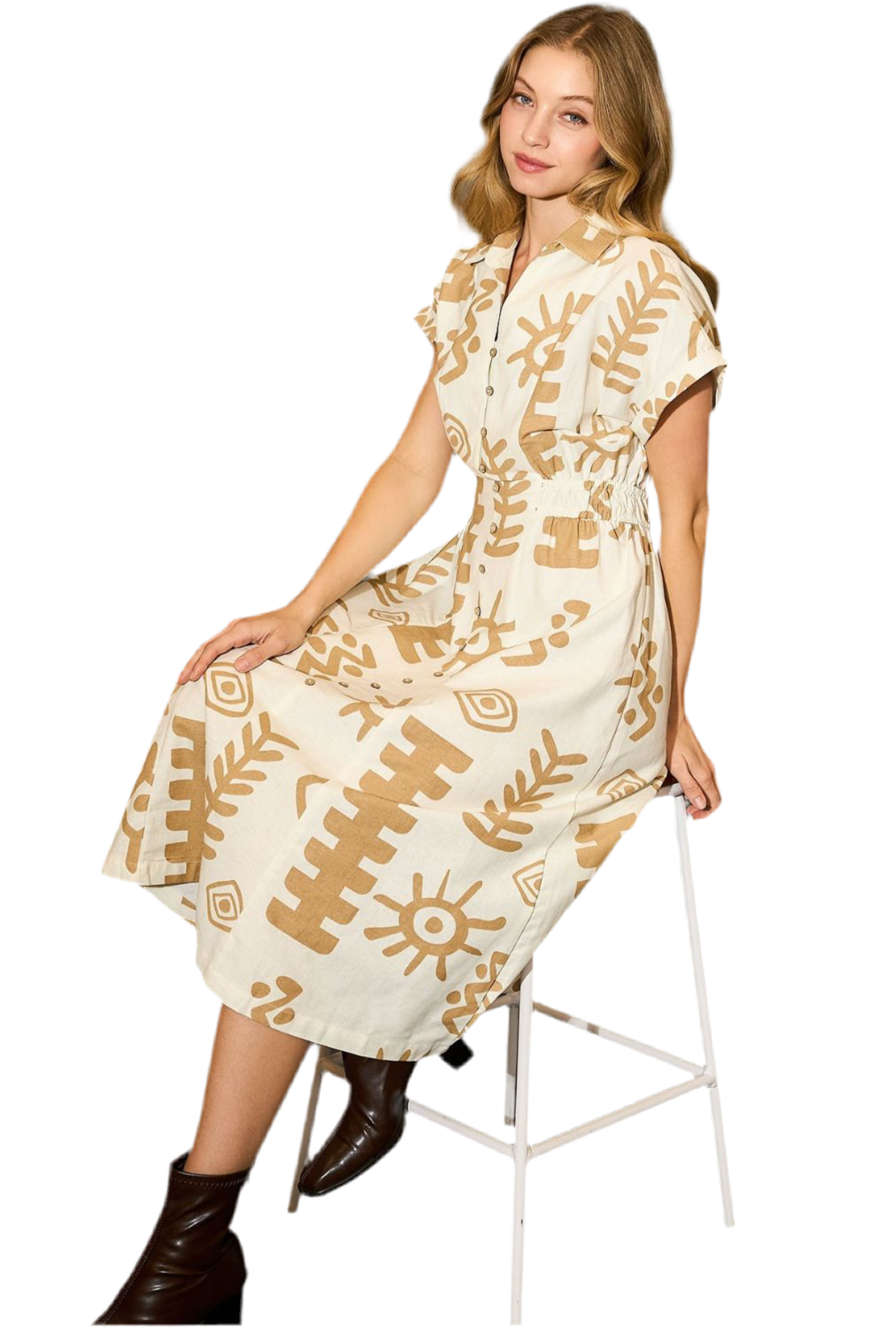 Print Elastic Waist Midi Dress