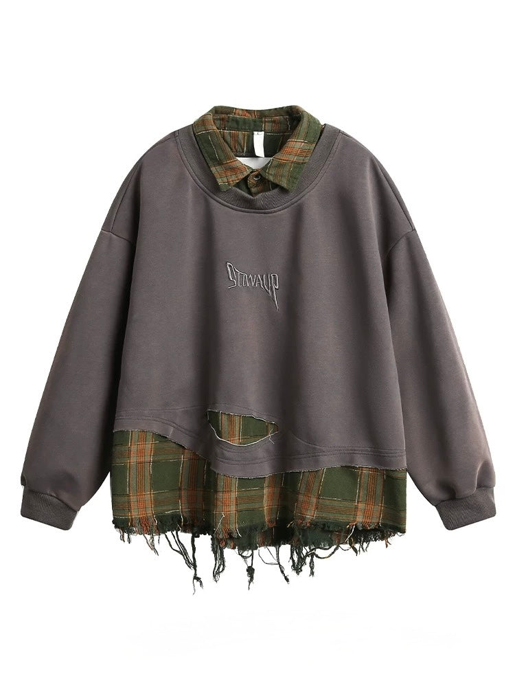 Grunge Plaid-Layered Sweatshirt