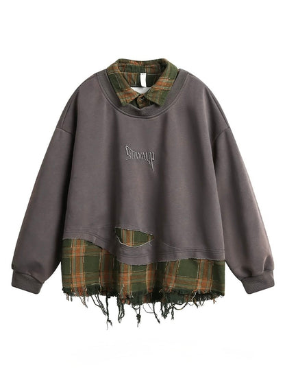 Grunge Plaid-Layered Sweatshirt