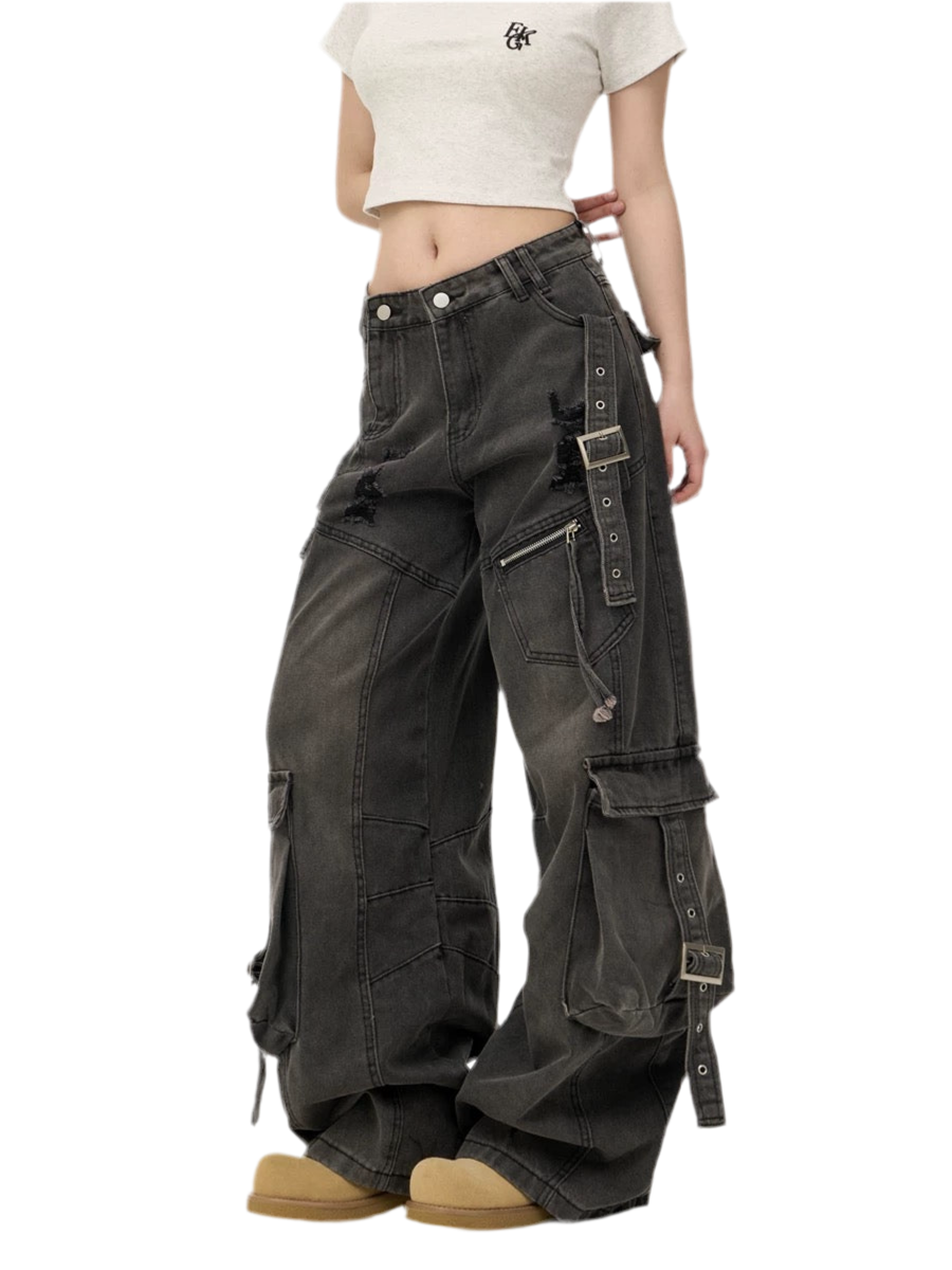 Heavy Washed Ripped Cargo Jeans