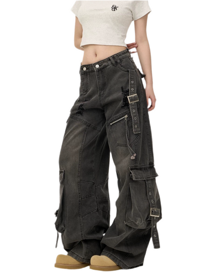 Heavy Washed Ripped Cargo Jeans