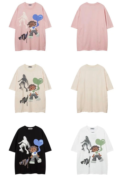 Oversized Cartoon Couple Graphic Casual Anime Tee