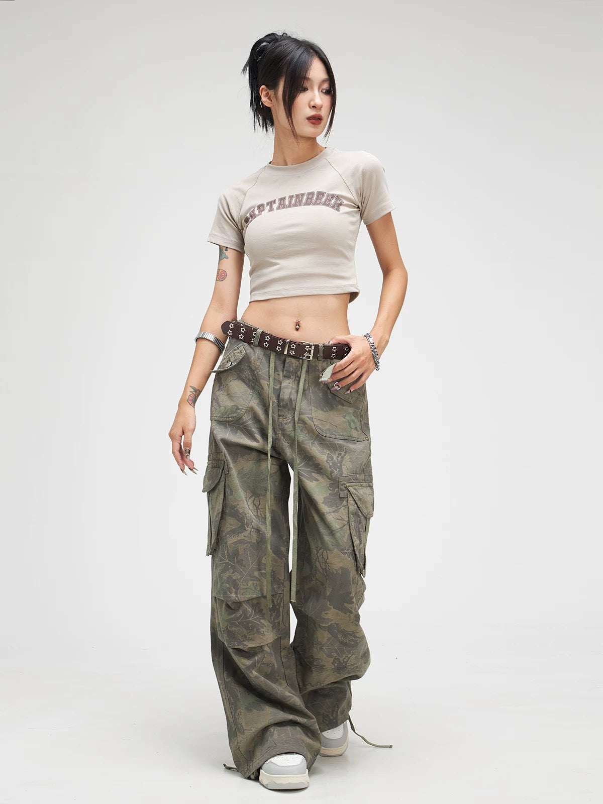 Women's Wide-Leg Cargo Overalls – High-Waist Camouflage Pants