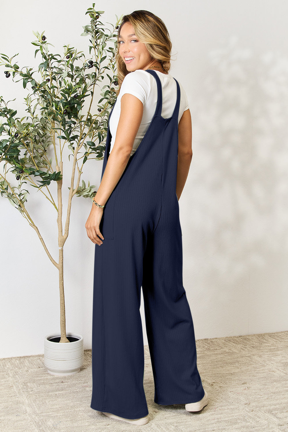 Double Take Full Size Wide Strap Overall with Pockets - bllue yonders