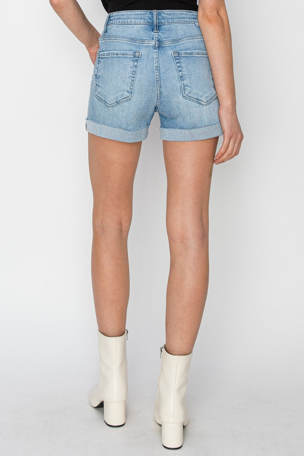 RISEN Distressed Mid-Rise Waist Denim Shorts - blue yonderz