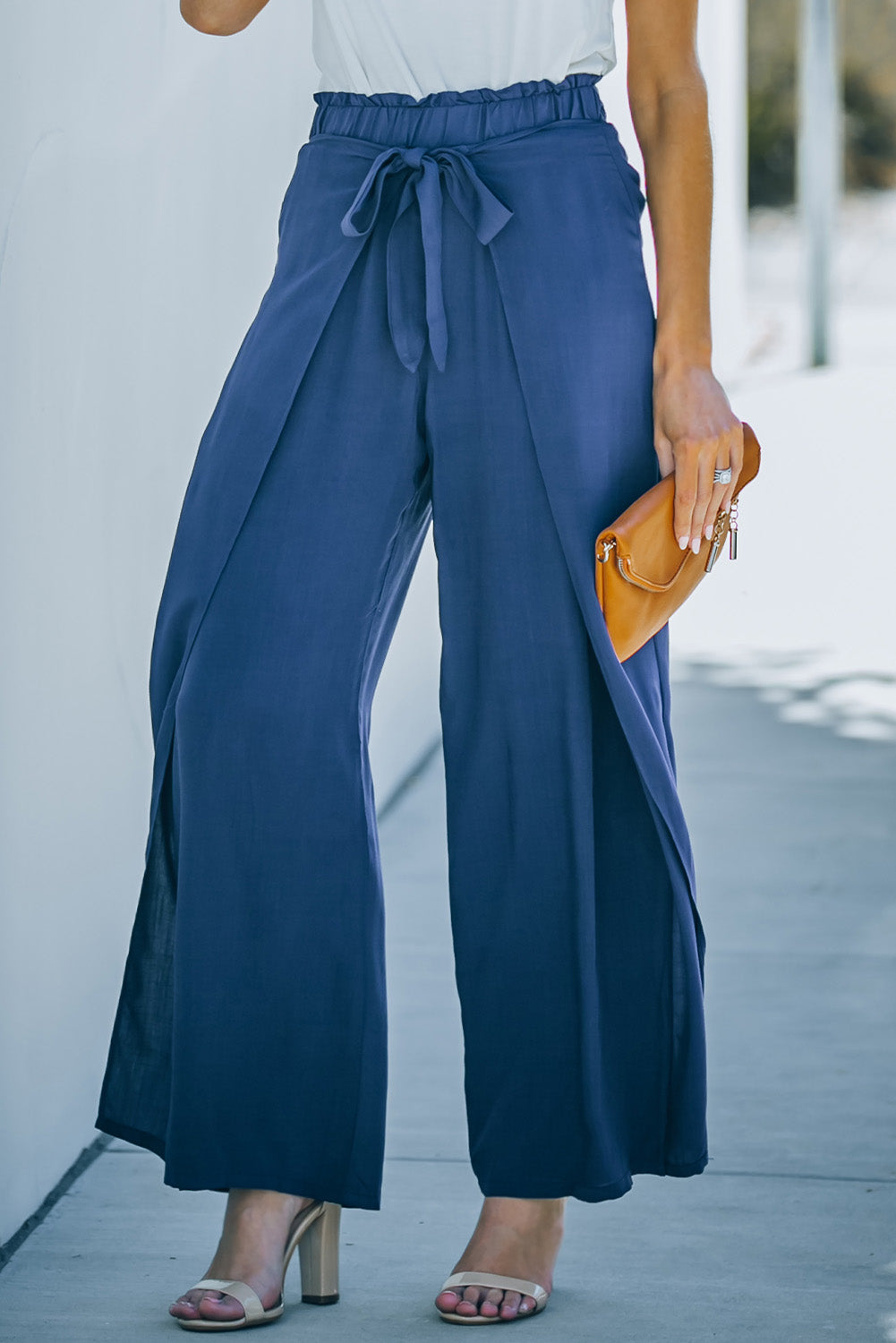 Paperbag Waist Tie Front Wide Leg Pants - blue yonderz