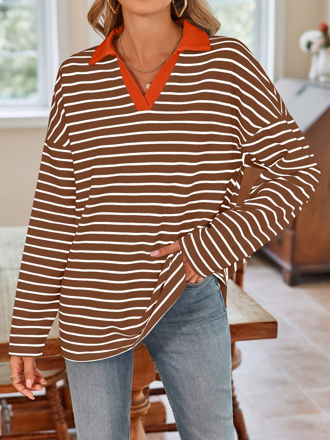 Striped Johnny Collar Long Sleeve T-Shirt