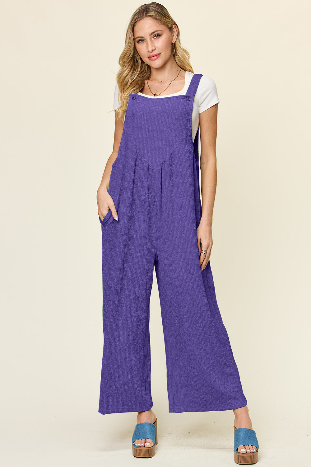 Double Take Full Size Texture Sleeveless Wide Leg Overall - bllue yonders