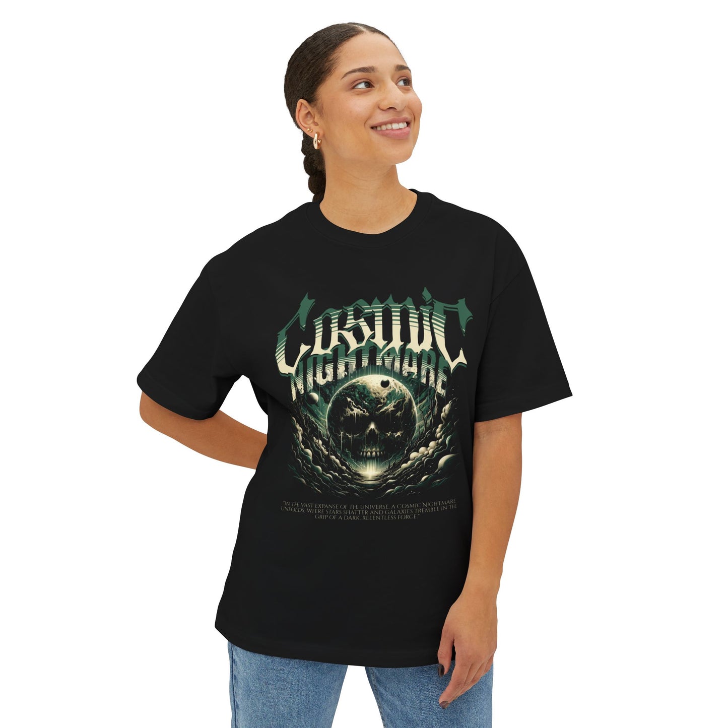 Cosmic Nightmare Graphic T-Shirt with Eerie Skull Design