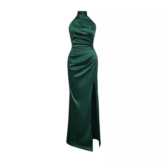 Sleek Halter Neck Tie Satin Dress