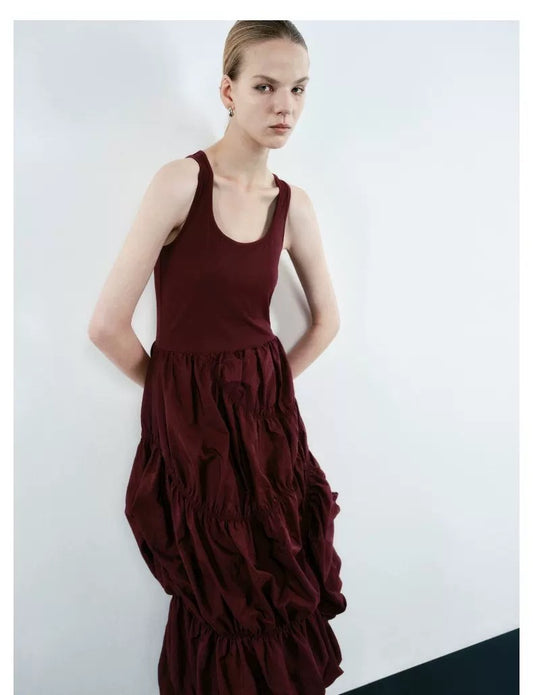 Solid Crimson Shirred Midi Dress