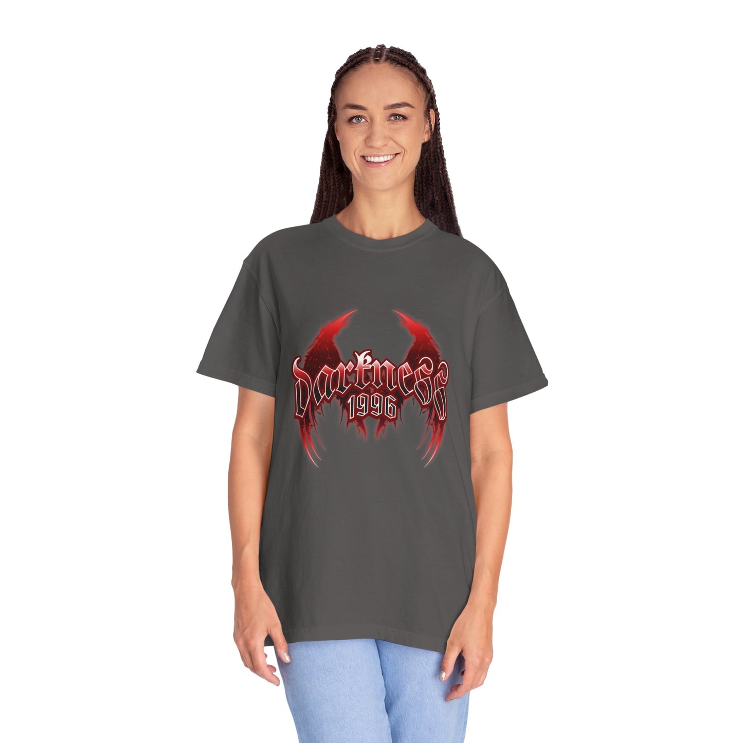 Darkness 1996 Gothic Graphic T-Shirt with Red Accents