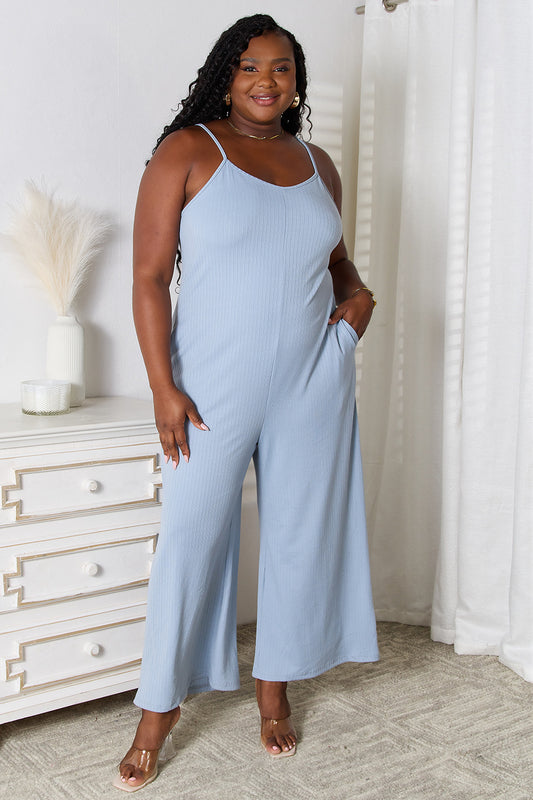 Basic Bae Full Size Spaghetti Strap V-Neck Jumpsuit - bllue yonders