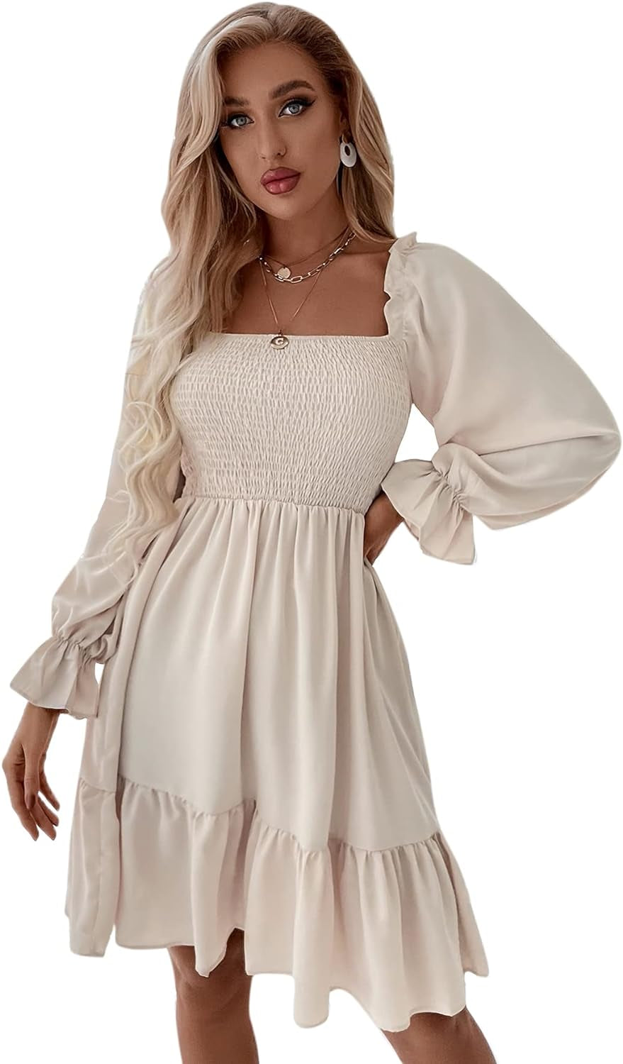 Women'S Shirred Ruffle Long Flounce Sleeve Mini a Line Dress Square Neck High Waist Short Dresses Beige Small