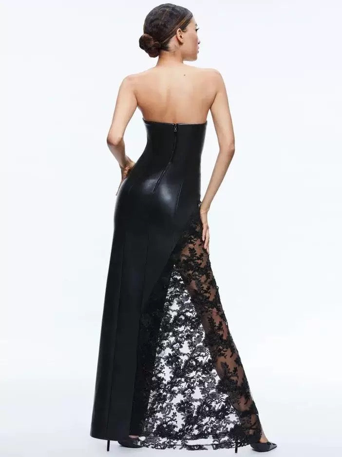 Black Faux Leather Lace Split Maxi Dress
