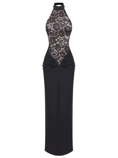 Black Backless Slim Fit Lace Maxi Dress