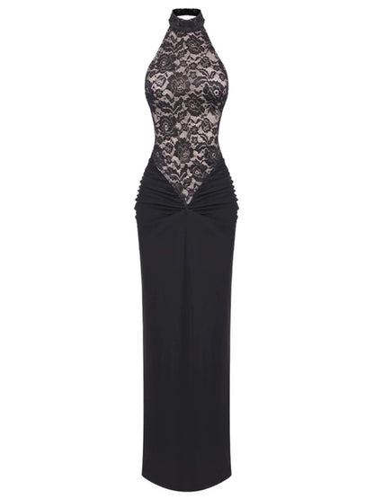 Black Backless Slim Fit Lace Maxi Dress