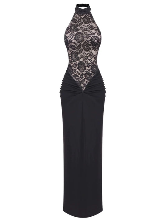 Black Backless Slim Fit Lace Maxi Dress