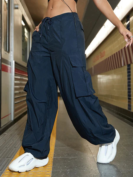 City Edge: Wide-Leg Cargo Joggers with Drawstring Waist - blue yonderz