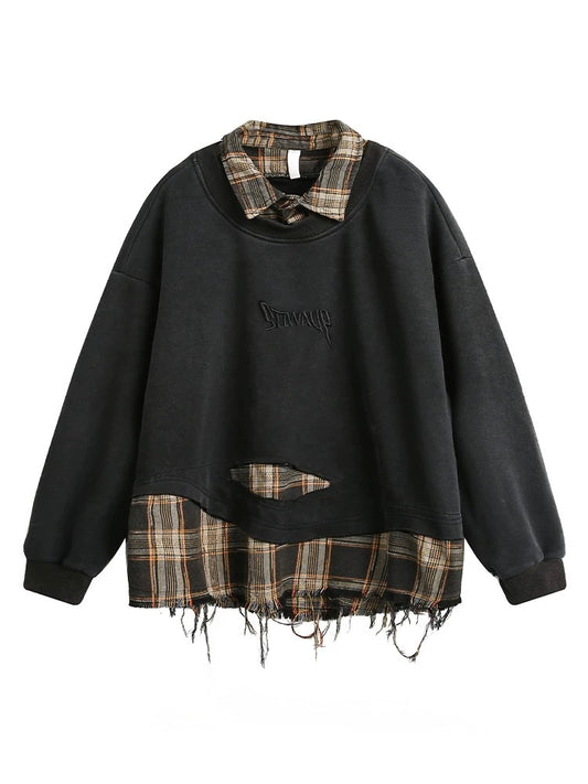 Grunge Plaid-Layered Sweatshirt