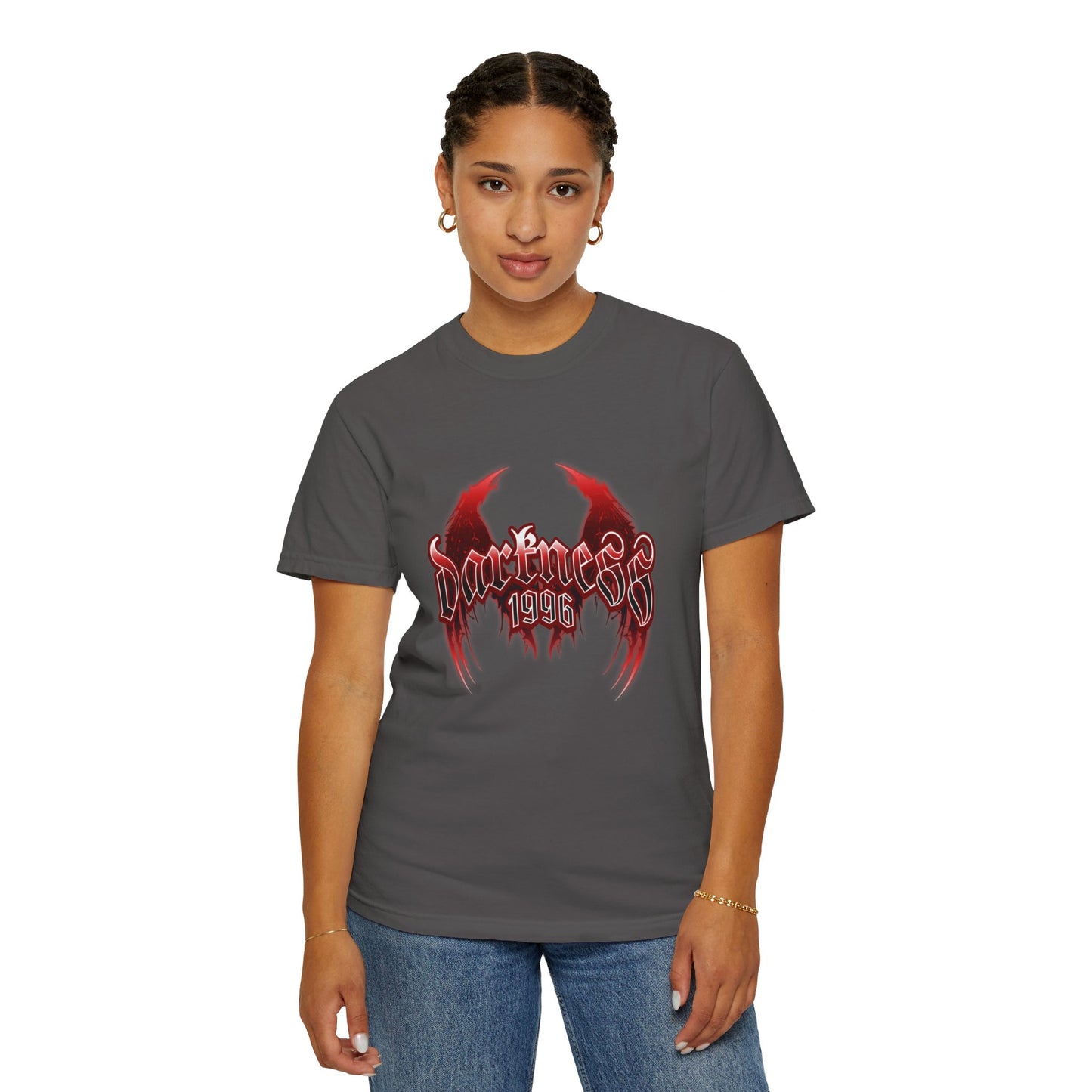 Darkness 1996 Gothic Graphic T-Shirt with Red Accents