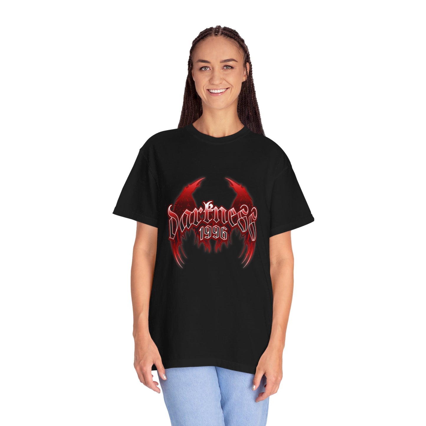 Darkness 1996 Gothic Graphic T-Shirt with Red Accents