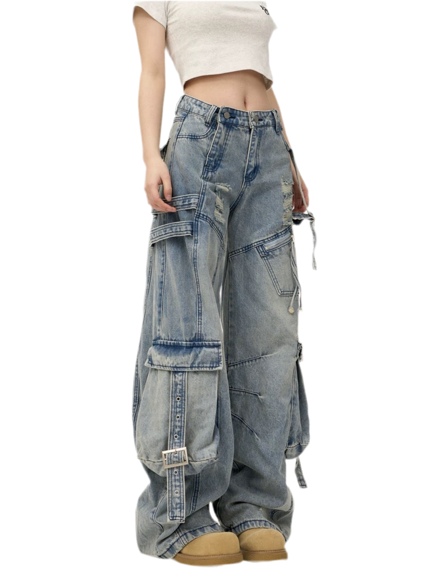Heavy Washed Ripped Cargo Jeans