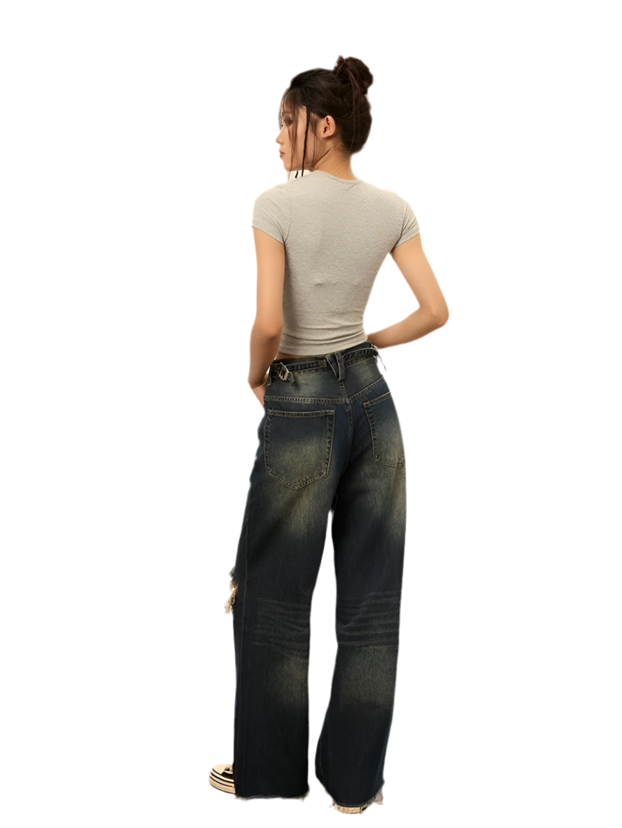 Vintage Blue Rip-Knee Wide Denim Jeans