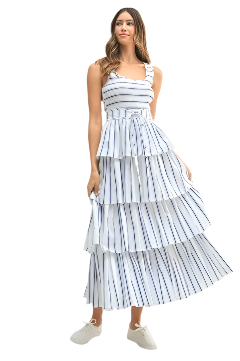 Pin Stripe Smocked Bodice Layered  Dress
