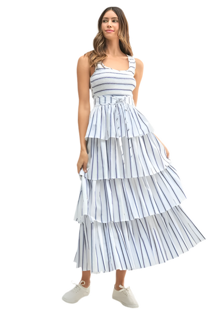 Pin Stripe Smocked Bodice Layered  Dress