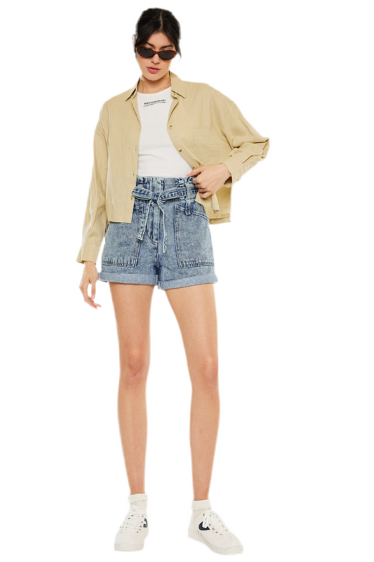 Rolled Cuff Tie-Waist High Rise Denim Shorts