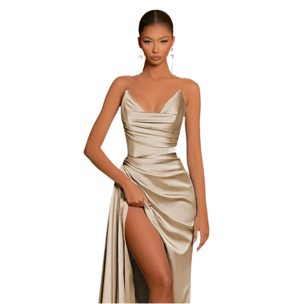 Satin Ruched Thigh-High Slit Maxi Dress