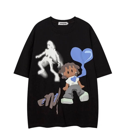 Oversized Cartoon Couple Graphic Casual Anime Tee