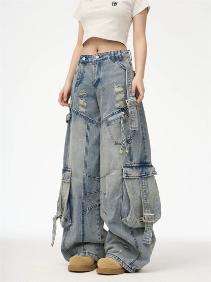 Heavy Washed Ripped Cargo Jeans