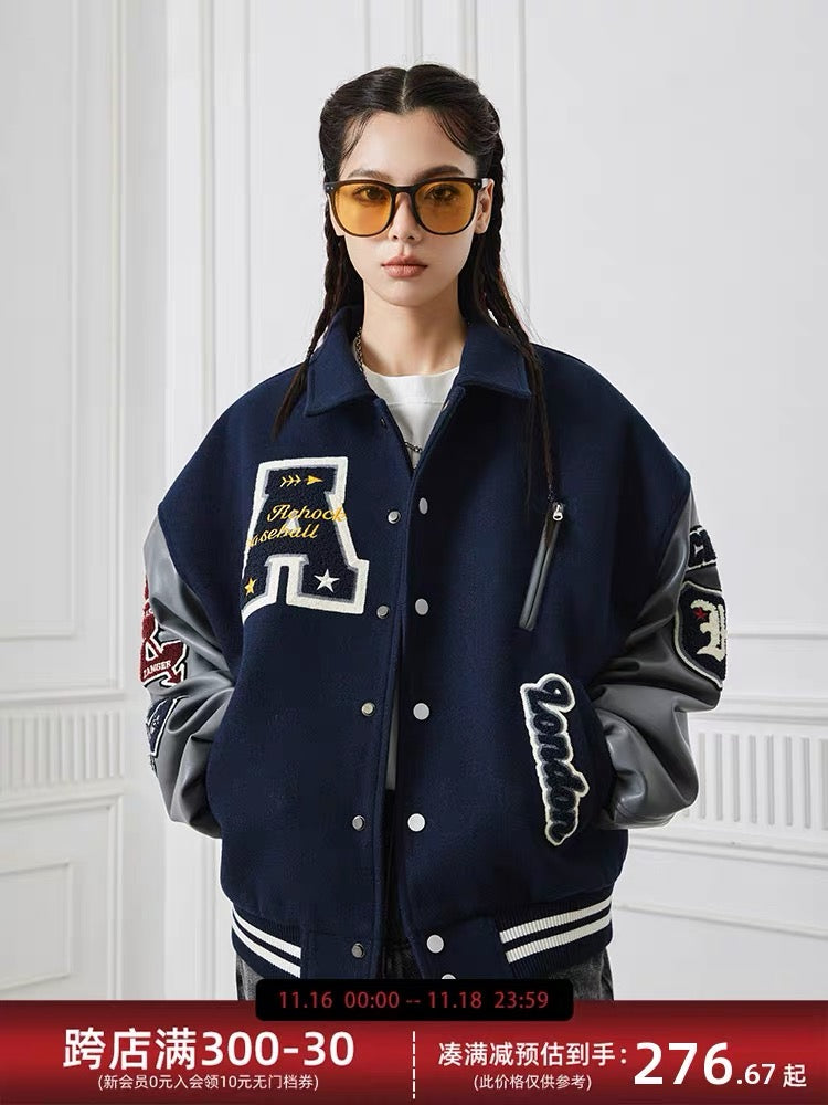 Title: Women's Oversized Varsity Jacket | Trendy Letterman Streetwear for Fall & Winter | Wool Blend & Faux Leather Sleeves