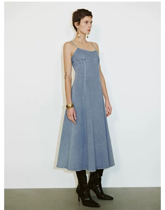 V-Neck Slit Suspender Denim Dress