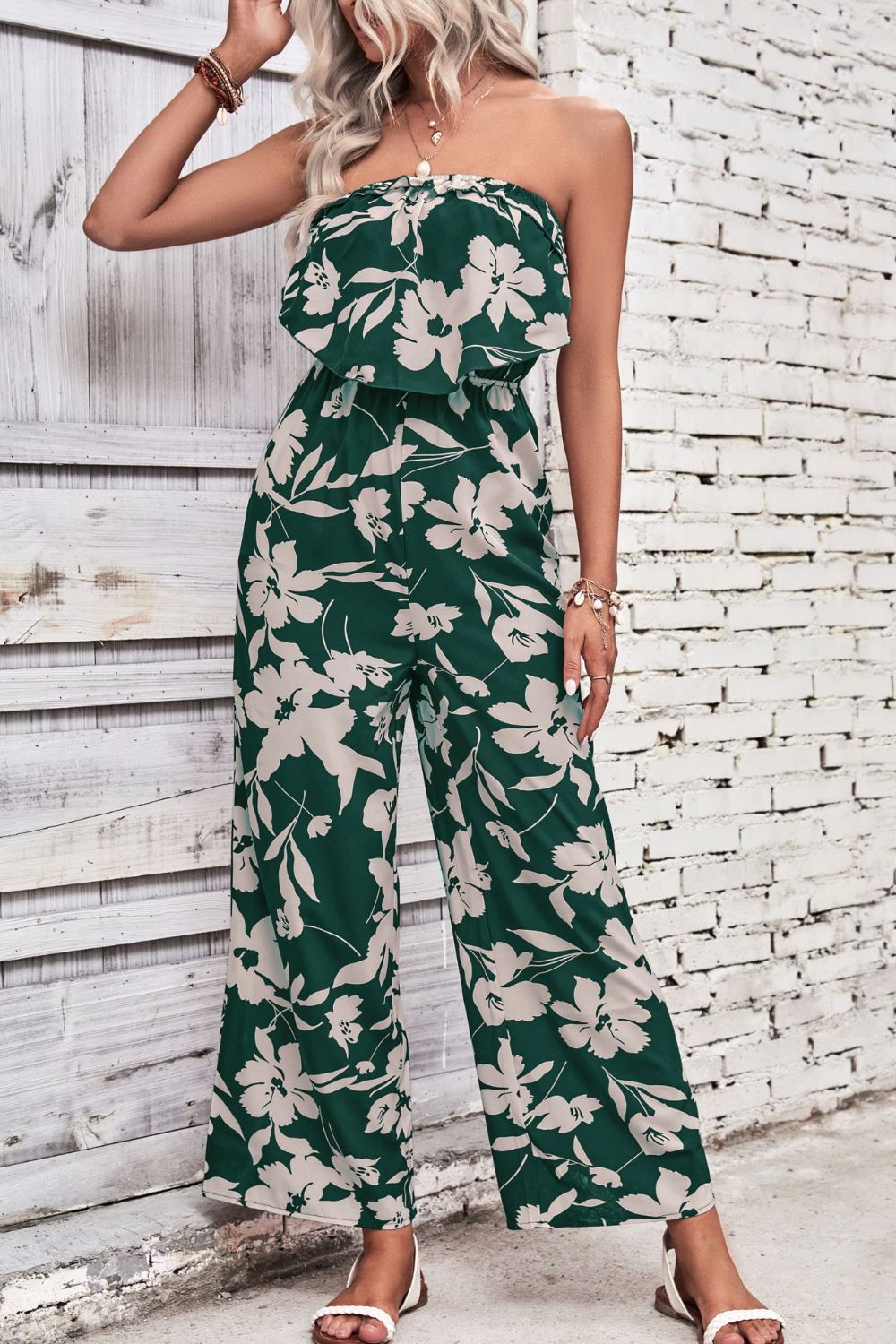 Floral Strapless Wide Leg Jumpsuit - blue yonderz