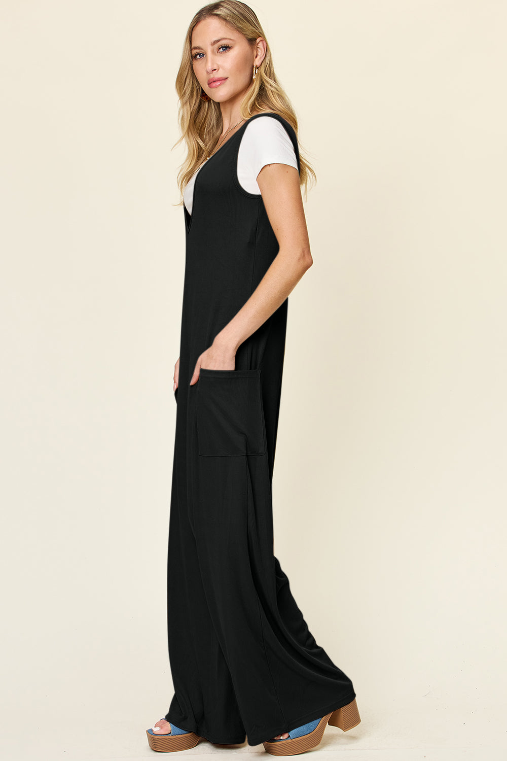 Double Take Full Size Sleeveless Wide Leg Jumpsuit with Pockets - bllue yonders