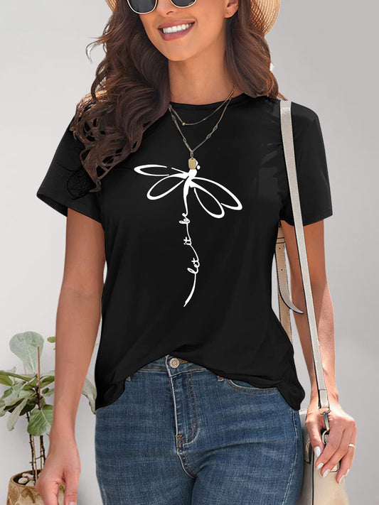 Dragonfly Graphic Round Neck Short Sleeve T-Shirt - blue yonderz