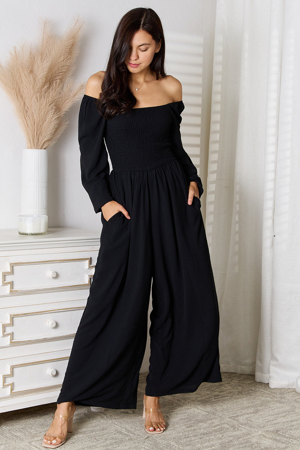 Double Take Square Neck Jumpsuit with Pockets - bllue yonders