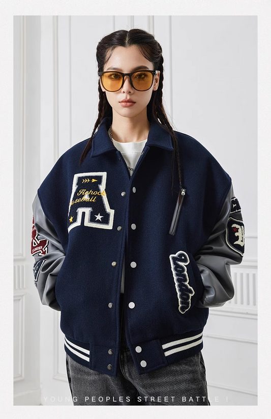 Title: Women's Oversized Varsity Jacket | Trendy Letterman Streetwear for Fall & Winter | Wool Blend & Faux Leather Sleeves