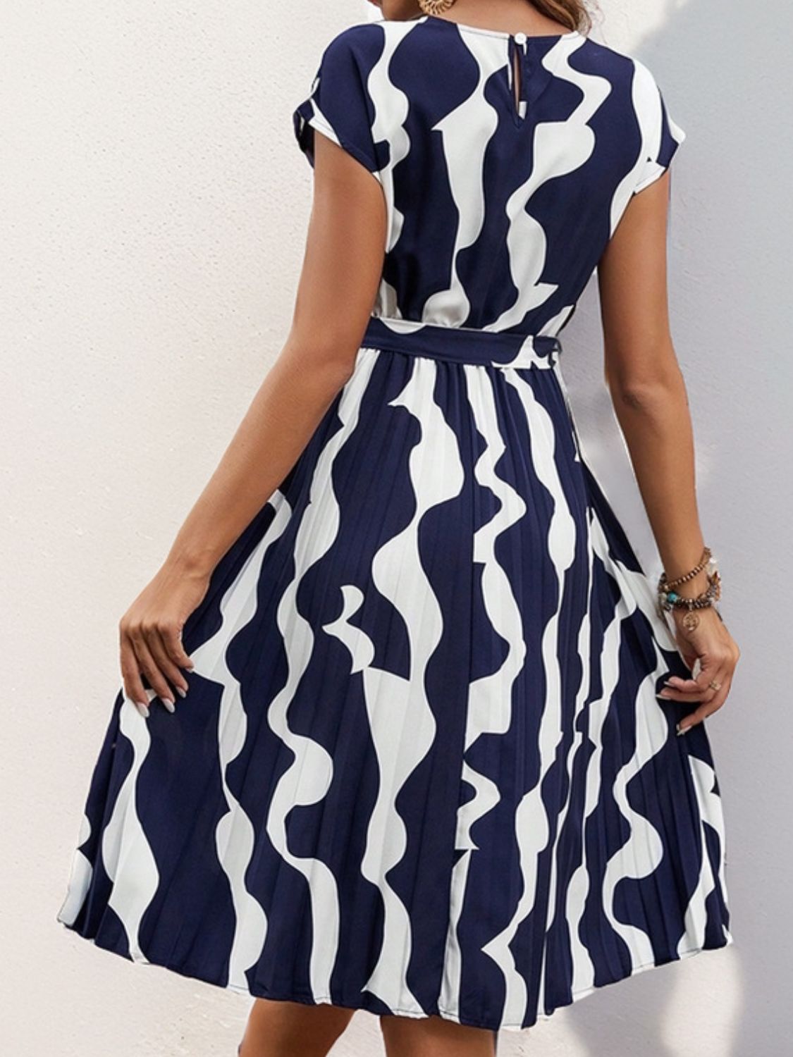 Tied Pleated Printed Cap Sleeve Dress - bllue yonders