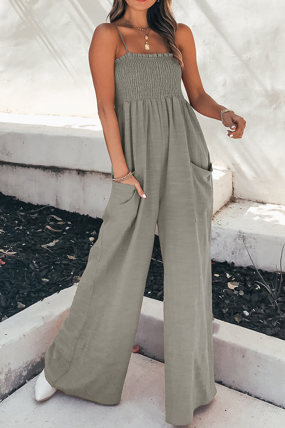 Smocked Spaghetti Strap Wide Leg Jumpsuit - bllue yonders